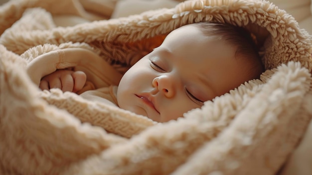 Foto um bebé a dormir com os olhos fechados e um cobertor que diz bebé