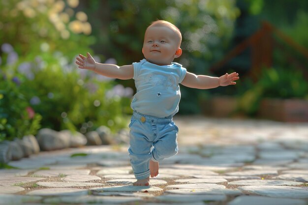 Foto um bebé adorável a dar os primeiros passos com o outstret.