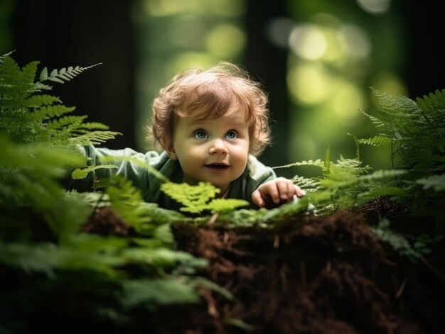 Foto um bebé adorável a explorar a natureza.