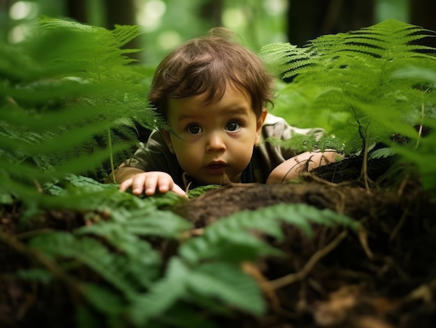 Foto um bebé adorável a explorar a natureza.