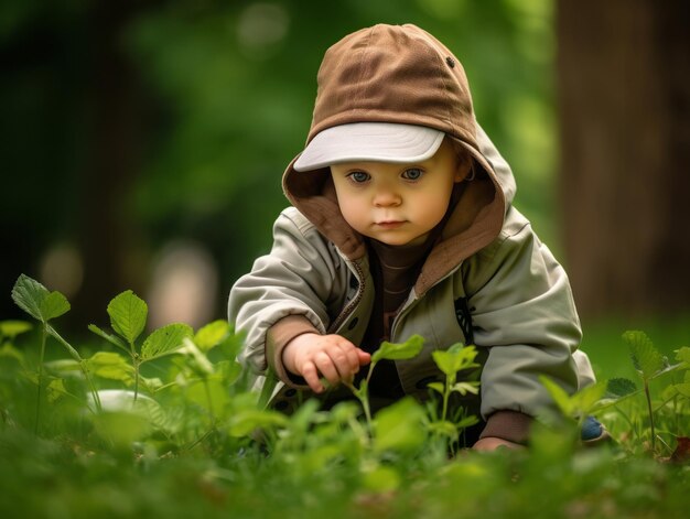 Foto um bebé adorável a explorar a natureza.