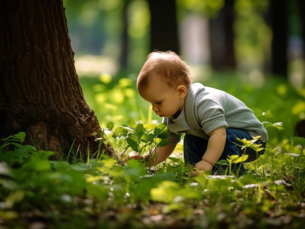 Foto um bebé adorável a explorar a natureza.