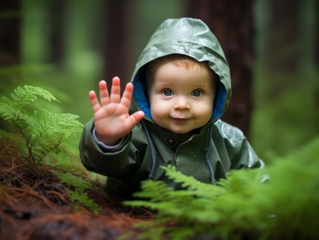 Foto um bebé adorável a explorar a natureza.