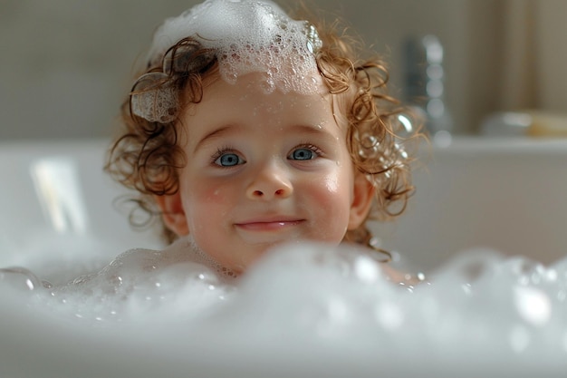 Um bebé adorável com espuma de sabão no cabelo a tomar banho.