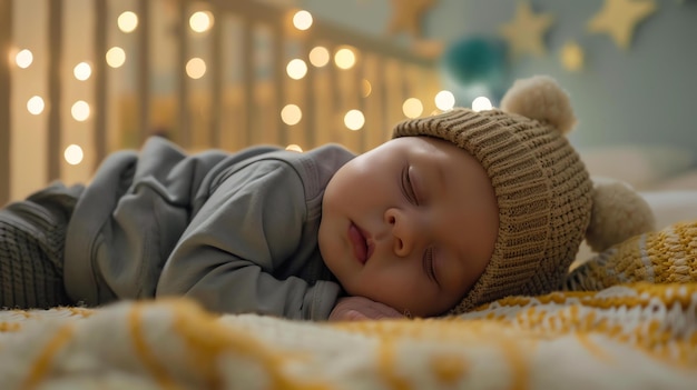 Foto um bebê adorável está dormindo profundamente em um berço aconchegante o bebê está usando um chapéu bonito e cercado por cobertores macios