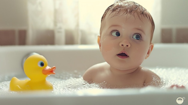 Um bebê adorável olha com curiosidade enquanto gosta de tomar banho