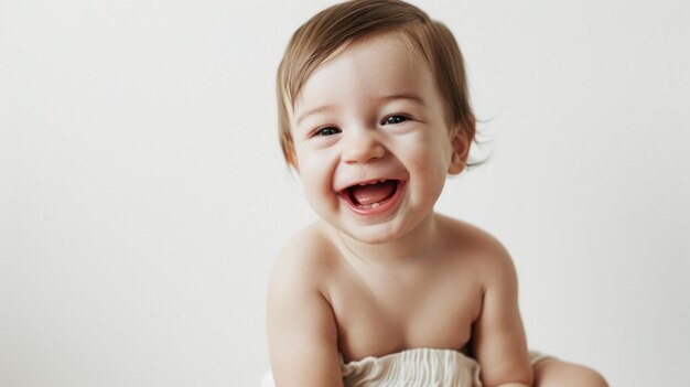 Um bebê adorável senta-se em uma cama e irrompe em risos espalhando alegria e felicidade