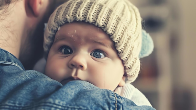 Foto um bebê adorável vestindo um bonito chapéu de tricô é segurado perto por um pai amoroso