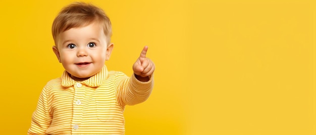 Foto um bebê apontando para a direita com um fundo amarelo