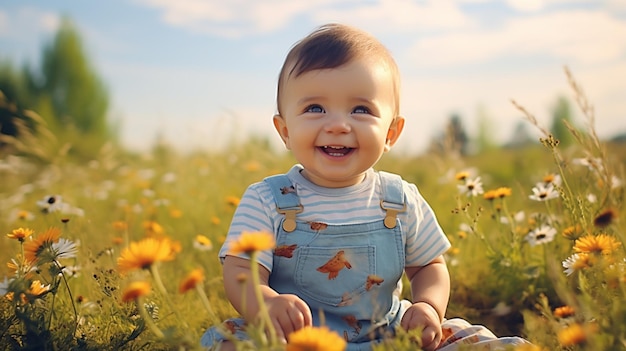 Um bebé bonito a brincar ao ar livre a sorrir com inocência.