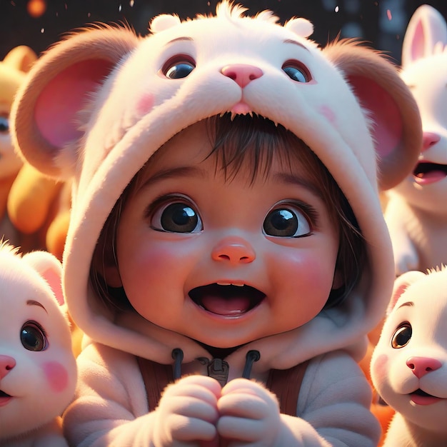 Um bebê bonito com um brinquedo, um bebê fofo com um bebê, uma menina bonita com um chapéu e um urso.