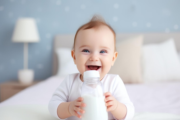 um bebê bonito e feliz segurando uma garrafa de amamentação com leite e sorrindo fórmula de leite para bebês