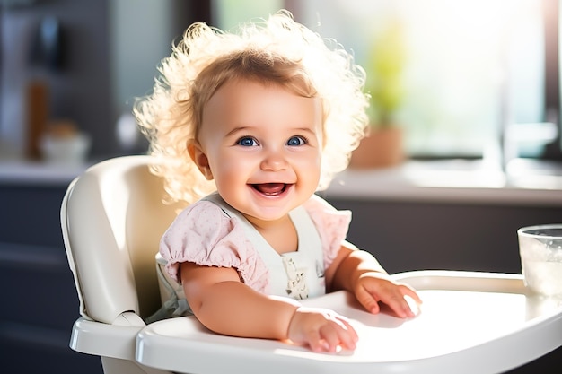 um bebê bonito está sentado em uma cadeira alta na cozinha comendo comida para bebês