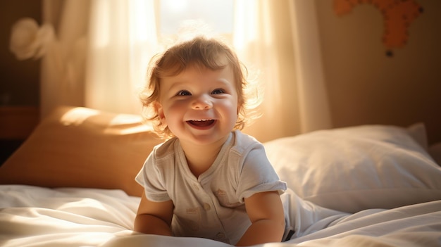 Um bebé bonito na cama, alegre.