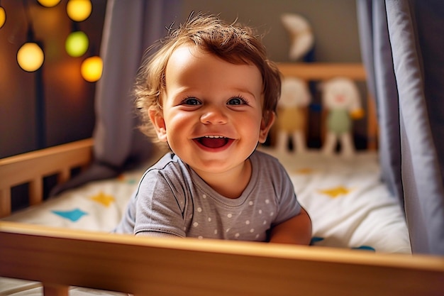 Um bebé bonito na cama em casa, um conceito de infância feliz.