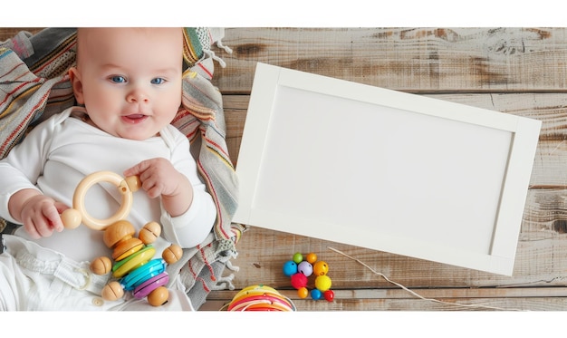 Um bebê brincando com um brinquedo de madeira em um cenário rústico