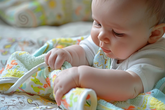 Um bebê brincando com um brinquedo em uma cama