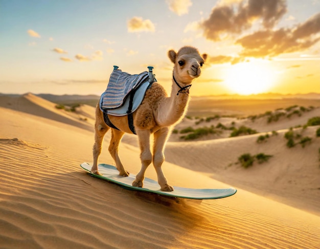 Foto um bebê camelo bonito fazendo sandboard nas vastas dunas de areia