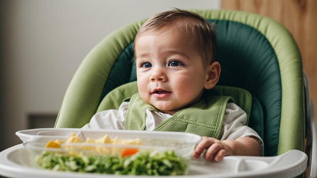 Um bebê caucasiano saudável e adorável sentado em sua cadeira está felizmente consumindo vegano cru