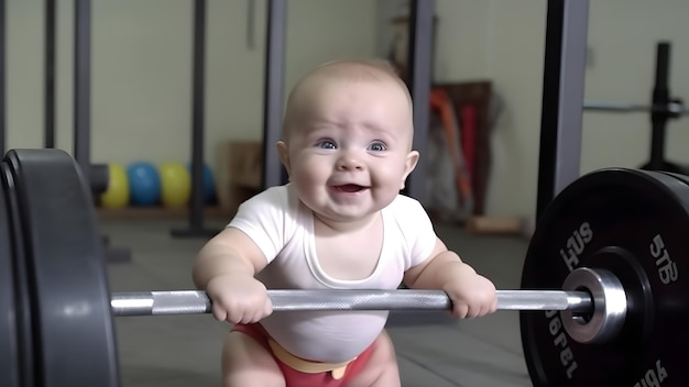 Um bebê caucasiano sorridente e forte levanta um quilo de barra. A rede neural gerou uma imagem.