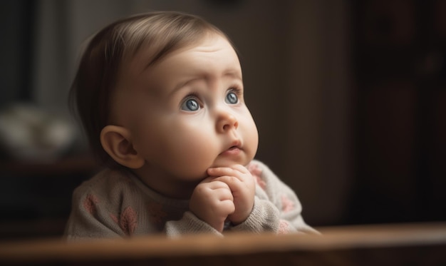 Um bebé com as mãos no queixo.