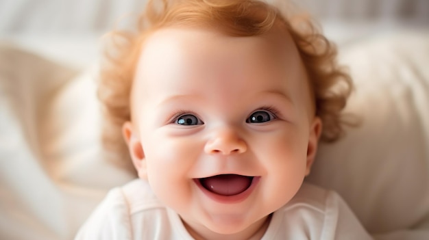 um bebê com cabelo loiro e uma camisa branca está sorrindo