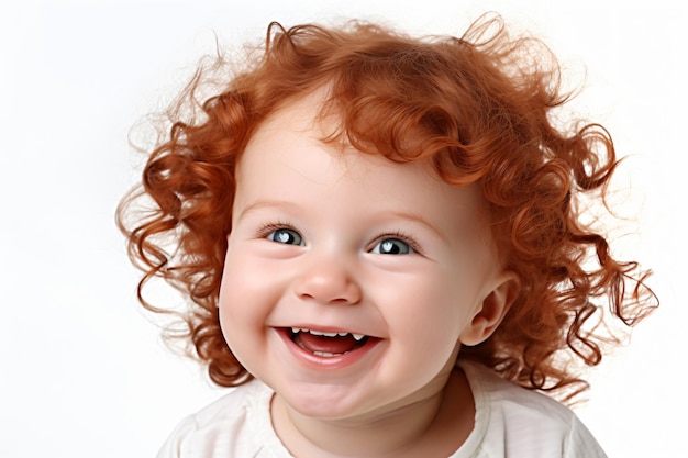 Um bebê com cabelo vermelho e olhos azuis sorri.