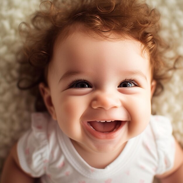 Um bebê com cabelos cacheados está sorrindo e sorrindo.