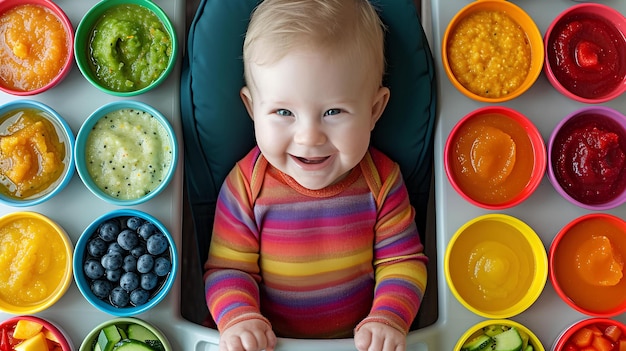 Foto um bebê com comida colorida está sentado em uma cadeira de alto ao lado de muitas tigelas