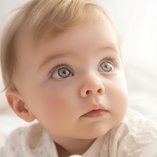 um bebê com olhos azuis e um vestido branco