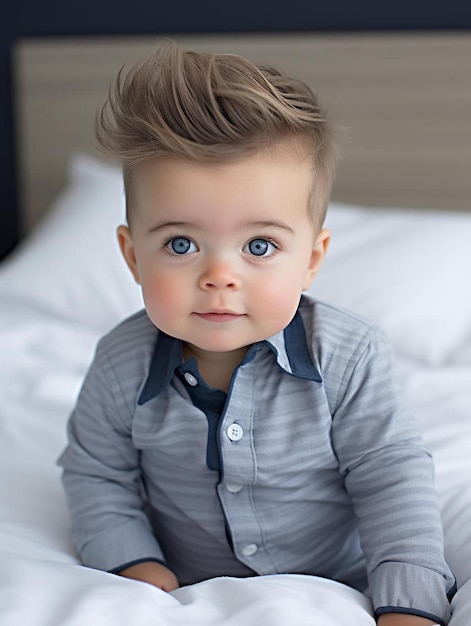 Foto um bebê com olhos azuis vestindo uma camisa com um botão para baixo