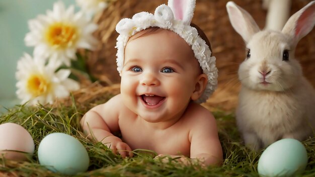 um bebê com um chapéu de coelho deitado na grama com ovos de Páscoa