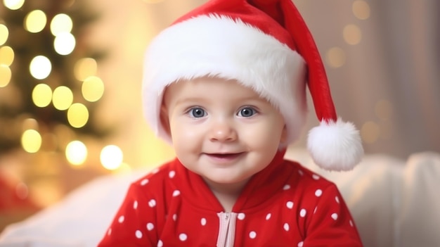 Um bebê com um chapéu de Papai Noel contra um fundo de bokeh brilhante de Ano Novo ou cartão de Natal