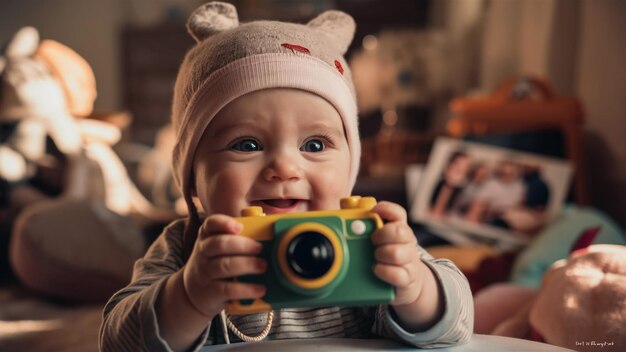 Foto um bebê com um chapéu que diz bebê na frente