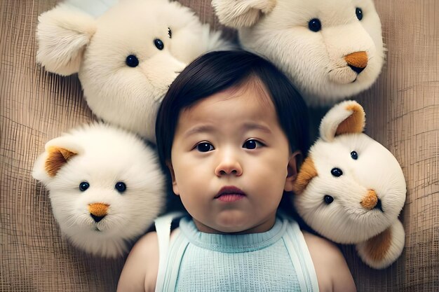 Foto um bebê com um vestido azul e um ursinho de pelúcia atrás dela.