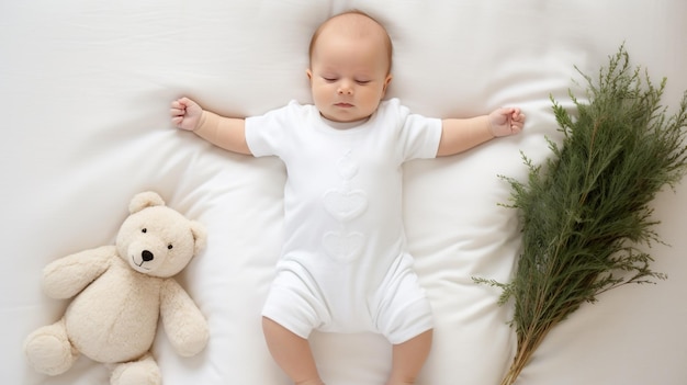 um bebê com uma camisa branca bodysuit usado por uma cama branca suave fundo AI gerado