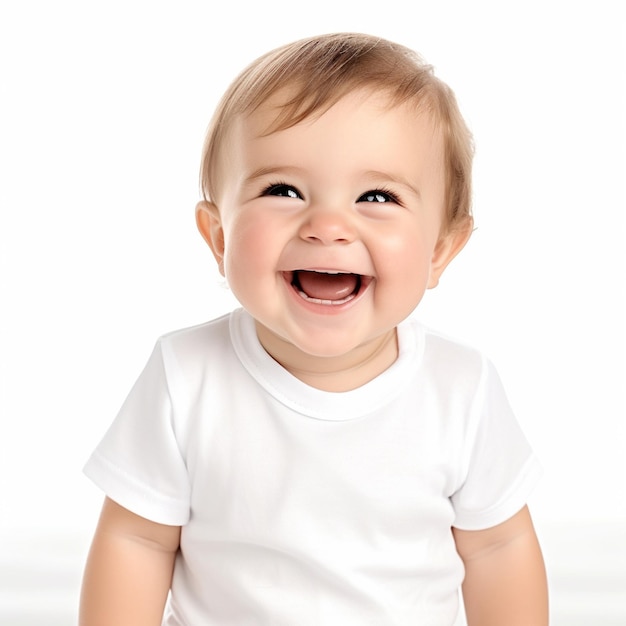 um bebê com uma camisa branca que diz feliz sorrindo