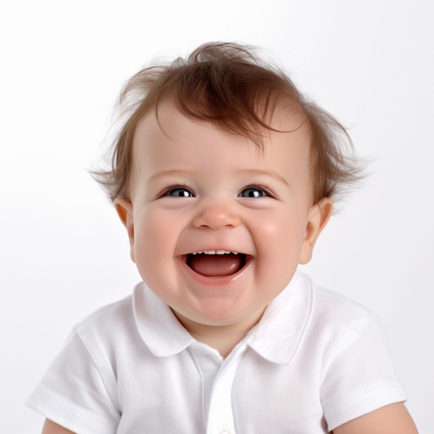 um bebê com uma camisa branca que diz "feliz"