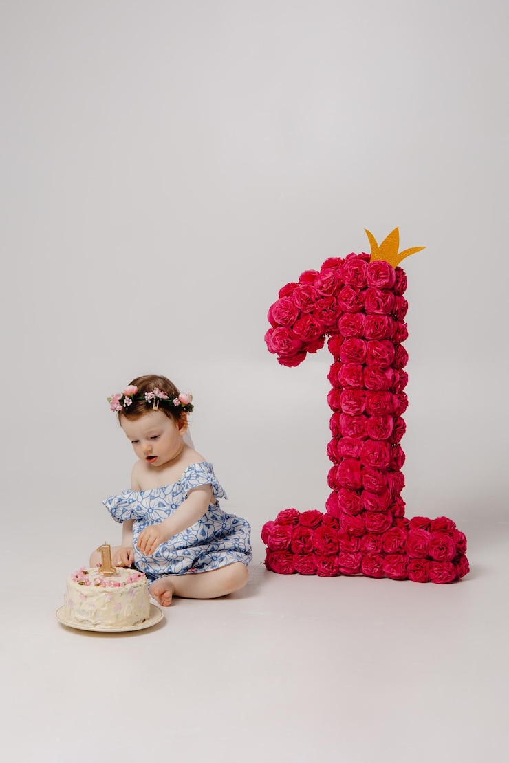 Foto um bebê com uma cesta de rosas e um bebê em um vestido com o número 1 nele