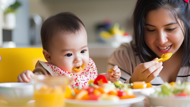 Um bebê com uma mãe comendo de um prato grande