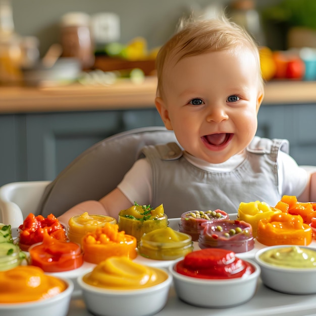 Um bebê com uma travessa colorida de comida para bebê