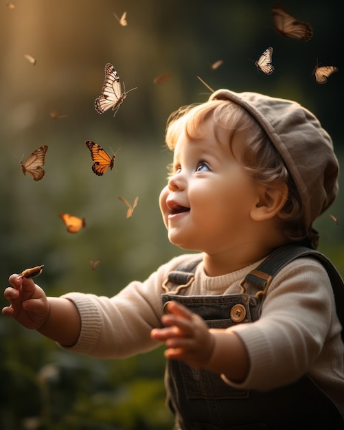 Um bebê curioso fascinado por borboletas em um prado ensolarado