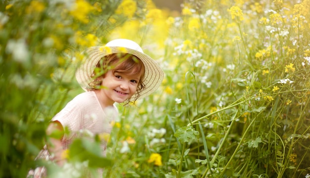 um bebê de chapéu em um campo de colza está espreitando por trás das flores