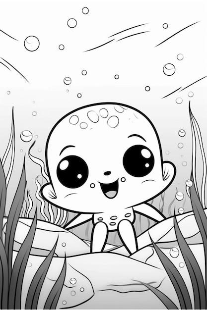 um bebê de desenho animado em uma banheira com bolhas e algas marinhas geradoras de IA