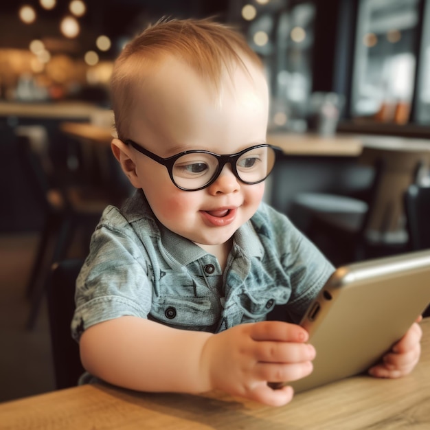 Um bebê de óculos está brincando com um telefone.