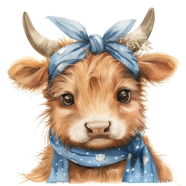 Foto um bebê de vaca castanha com orelhas de coelho como uma faixa na cabeça e uma bandana azul ao redor do pescoço.