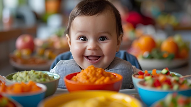 Foto um bebê diante de pratos cheios de comida