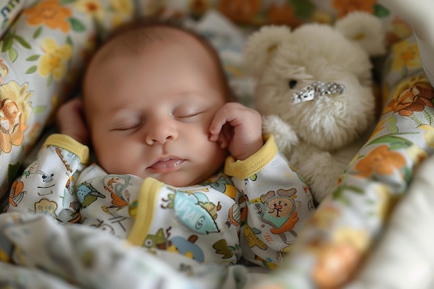 um bebê dormindo com um ursinho de pelúcia em seus braços