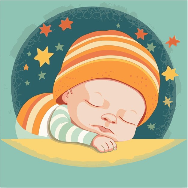 um bebê dormindo na cama com estrelas ao fundo