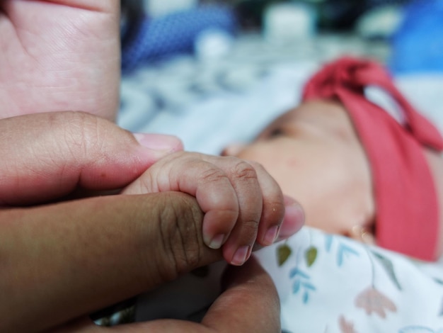 Foto um bebê é segurado por uma mãe e o bebê está segurando a mão de um bebê.